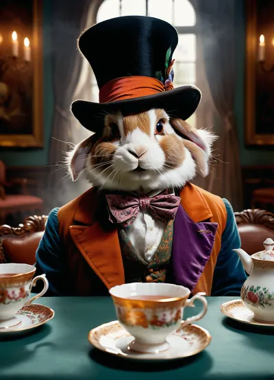 Hyperrealism
Impressionist painting {Alice in Wonderland stands with her back to the viewer in front of, (the Hatter, the Rabbit in the hat, and other main fairytale animals having tea:1.4), the best dynamic drawing}. free style of painting, bright colors, play of light and shadow, conveying feelings through form