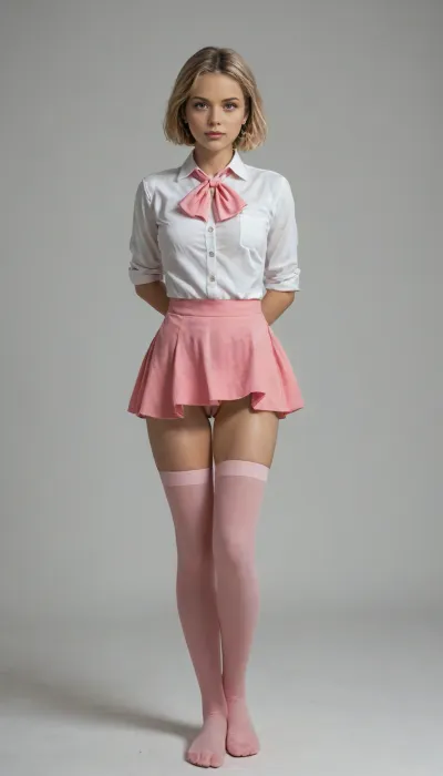 masterpiece, best quality, very awa, very aesthetic, newest, thick outlines, very detailed, 1girl, solo, standing, beautiful, cute, kawaii, Elle, adult face, short blonde bob cut, big blue eyes, beautiful face, toned body, white unbuttoned shirt, tits visible, ascot, pink mini skirt, pink mini-skirt, upskirt, no underwear, pussy visible, pink thighhighs, hair bow, highly detailed, intricate, cute pose, modelshoot, abstract background, petite, perfect body, medium perky tits, sexy pose, erotic, seductive, medium perky breasts, innie pussy, cowboy shot, shadows, dynamic angle, dutch angle, dramatic lighting, cinematic lighting, full body view