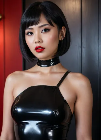 Pretty young Asian babe, dressed in a latex qipoa, shiny black bobcut hair, red lips, sensual mouth, sexy little belly, seductive pose, very dark skin.