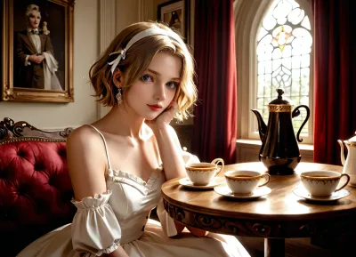 Hyperrealism
Impressionist painting {Alice in Wonderland stands with her back to the Hatter King and other main fairy tale characters at a tea party, the best dynamic drawing}. Free style of painting, bright colors, play of light and shadow, conveying feelings through form.