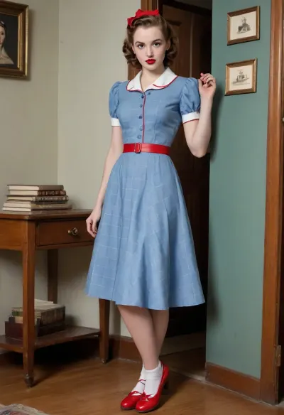 The 1940s. Detailed colour drawing of a petite 21 year old coquette one foot wearing a blue Converse sneaker, the other with a bare foot. Auburn hair in a crown braid updo, pouting lips with red lipstick. Her face is defiant and seductive. Standing in the open doorway of a study holding a wooden tray. Wearing a 1940s style blue plaid check summer dress with short puffed sleeves and red piping around the collar. Slender coltish legs. .