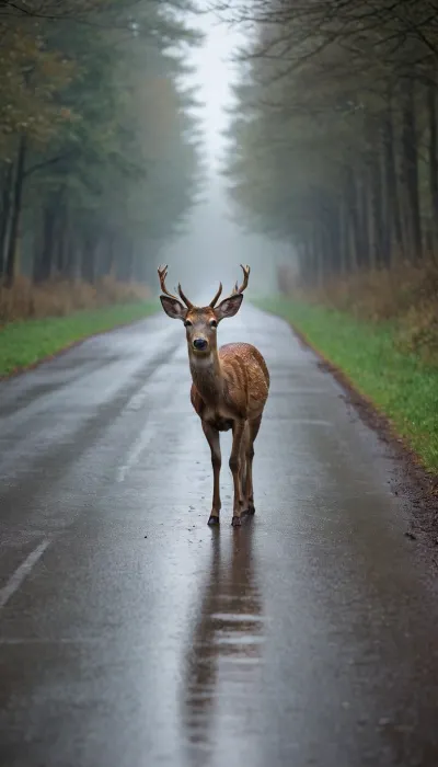 A deer on a rainy country road