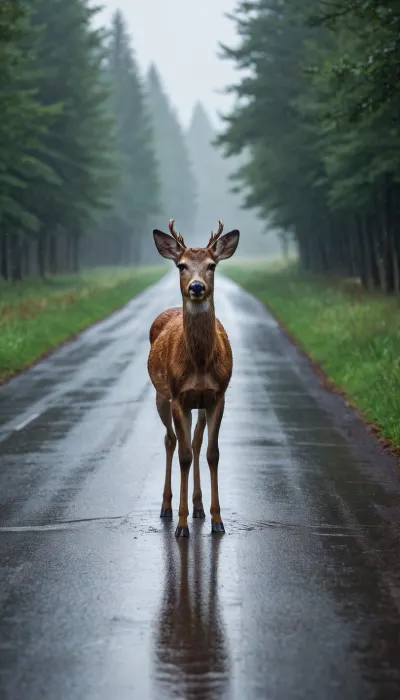 A deer on a rainy country road