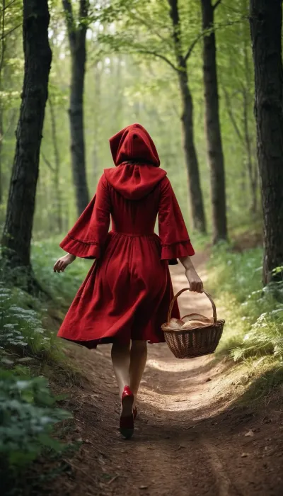 Little Red Riding Hood in a very short red dress runs through the forest with a basket of wine and bread.