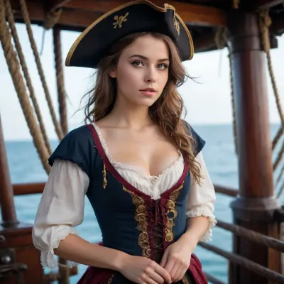 sexy adorable young woman, small breasts, dressed as a pirate, on a pirate ship
