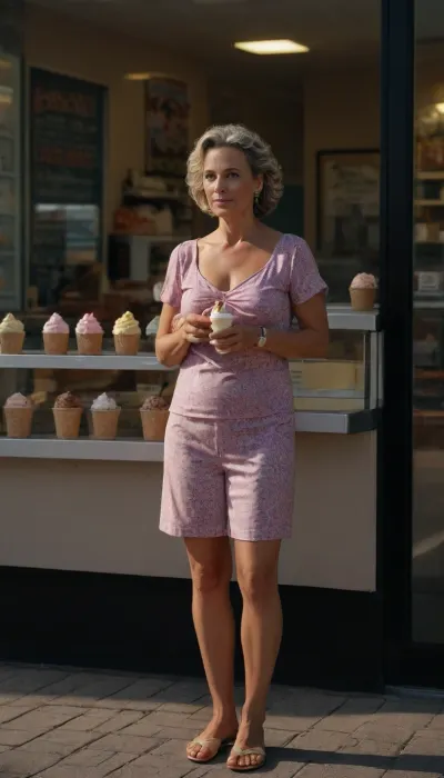 45-year-old woman very lightly dressed, with perfect body, waits to buy ice cream in the middle of summer.