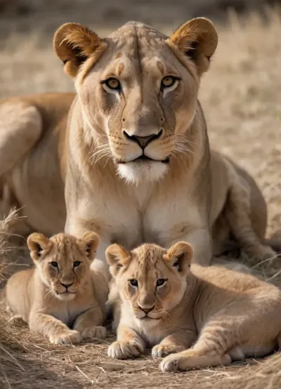 (lion family:1.3), close-up, (correct anatomy of paws, distinctive features of adults and cubs:1.2), (lioness in the foreground:1.25), looking down, (cubs:1.1), in the foreground and middle ground, lying, sitting, playing, (lioness in foreground:1.25), (lion cubs:1.1), in foreground and middle ground, (adult lion with black mane:1.1), in background, looking straight ahead, ((hay, straw, stones:1.1)), natural habitat, (sunlight, bright day), (golden, brown, gray tones), detailed fur, (macro detail:1.1), photorealistic, 8k, ultra-detailed, high quality, sharp focus, cinematic lighting, (shot on Nikon D850:1.1)