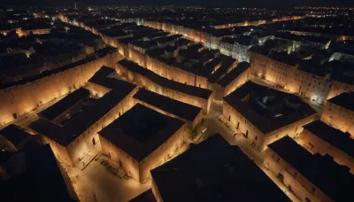 black background, town wall is illuminated from above by a beam of many colors