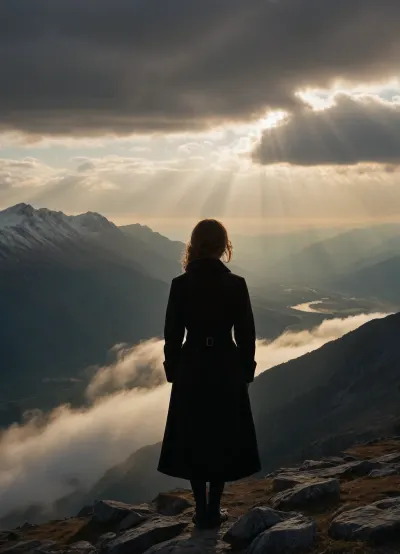 woman in a dark coat, standing on the edge of a mountain range, we see her from behind, thick clouds around, light haze, sunbeams breaking through the clouds, romance and dream, picturesque realism