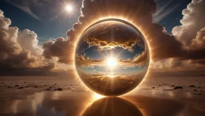 wakan tanka galaxy dramatic clouds, golden mirror sphere, flash