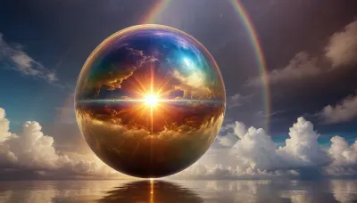 wakan tanka galaxy dramatic clouds, golden mirror sphere, ((rainbow flash))
