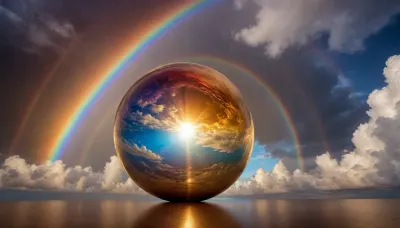 wakan tanka galaxy dramatic clouds, golden mirror sphere, ((rainbow flash))