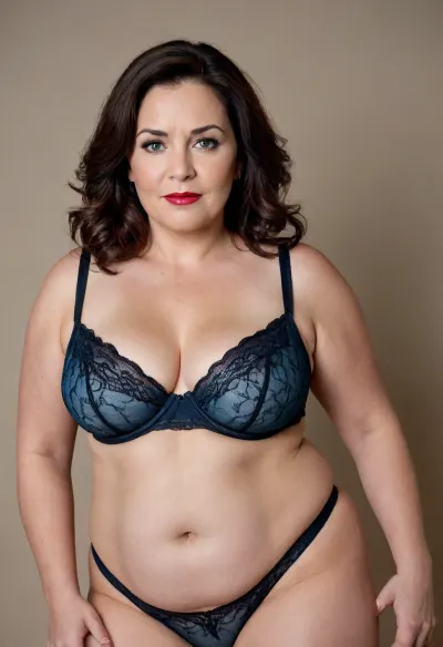 (milf:1.3), Photorealistic full body portrait of a Obese mature bbw 58-year-old Macedonian woman with shoulder-length, soft wavy black hair with silver-grey streaks. perfect ears, symmetrical chubby face with high cheekbones, beautiful chubby cheeks, expressive eyebrows, very thick eyebrows. Beautiful mouth, full voluptuous detailed red lips. Captivating Striking light blue eyes, symmetrical, highly detailed, high-resolution, vibrant, perfectly round colorful irises and pupils, limbal ring. Age-appropriate skin with subtle wrinkles and imperfections., (Black lingerie), . Natural lighting, highres, extremely detailed, 8k photo, best quality, in focus, UHD 8k, focus stacking.
She has a full and naturally contoured bust with a natural drop. Her top drapes softly over her figure, highlighting her curvaceous figure. Her body is full figured and voluptuous. Her mature bosom has a natural drop. Ample cleavage with a natural drop. She has a softly rounded and generously proportioned lower body, including full hips and thighs, and a curving abdomen.
Generate an image highlighting her naturally abundant figure, with emphasis on her shapely lower body, featuring ample curves in the hips, and a soft, rounded midsection.
Depict her with a beautifully voluptuous silhouette, where her lower body, including her ample thighs and a soft, full belly, creates a distinctly pear-shaped form.
Focus on enhancing her natural curves to create a very full, bottom-heavy figure, showcasing her generous hips, and a comfortably rounded abdomen in a relaxed pose.