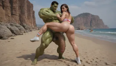 Odin Hulk is standing on the beach. His clothes are torn. His clothes are ripped. He has a huge, thick cock. XXX cock., (full body.), (massive cock:1.5), (Incredible muscle mass:1.5), 1girl, 1boy, sex, hetero, anal, sex_from_behind, pussy, penis, fullnelsonpose, arms_behind_head, full_nelson, reversepose, <lora:ReverseCowgirlFullNelsonXL:.2>