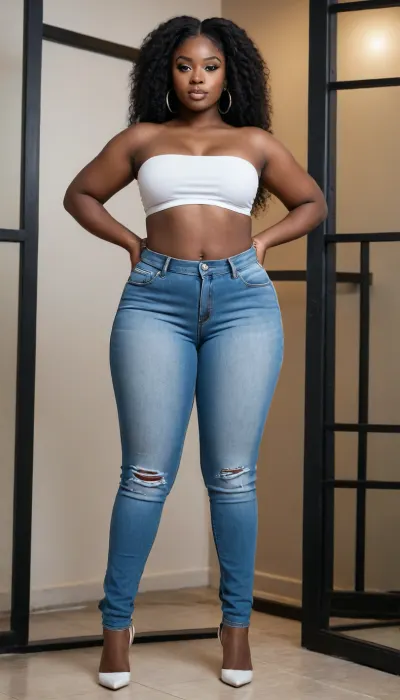 Tall 20 year old very thick chibby African woman with long legs, very plump wide hips and a plump wide fat ass, and average breasts wearing tight low rise ripped jeans, a white tube top with large hoop earrings and long straight black hair, very very dark skin, black skin, ebony skin