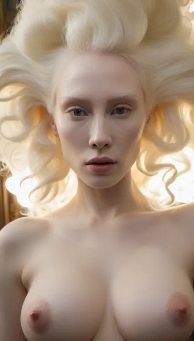 Zip Realism, (style of Kim Keever:1.8), (avant-garde surreal esthetic, eerie, unnerving, otherworldly, ephemeral, eldritch, elaborate scene, layered composition:1.4), (silver-blonde hair, voluminous hair, hair glow:1.2), (pale skin, flawless porcelain skin, albino, light eyebrows:1.6), (lithe, slender body, chiselled cheekbones, delicate face), (pale breasts, huge soft breasts, cleavage, topless, artistic nudity, study of feminine form:1.2), (focus on eyes, large eyes, dispassionate gaze, emotionless eyes, face closeup), (analog lens, low angle view)