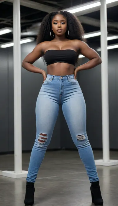 Tall 20 year old very thick chibby African woman with long legs, very plump wide hips and a plump wide fat ass, and average breasts wearing tight low rise ripped jeans, a white tube top with large hoop earrings and long straight black hair, very very dark skin, black skin, ebony skin
