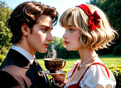 Hyperrealism
Impressionist painting {Alice in Wonderland stands with her back to the Hatter King and other main fairy tale characters at a tea party, the best dynamic drawing}. Free style of painting, bright colors, play of light and shadow, conveying feelings through form.