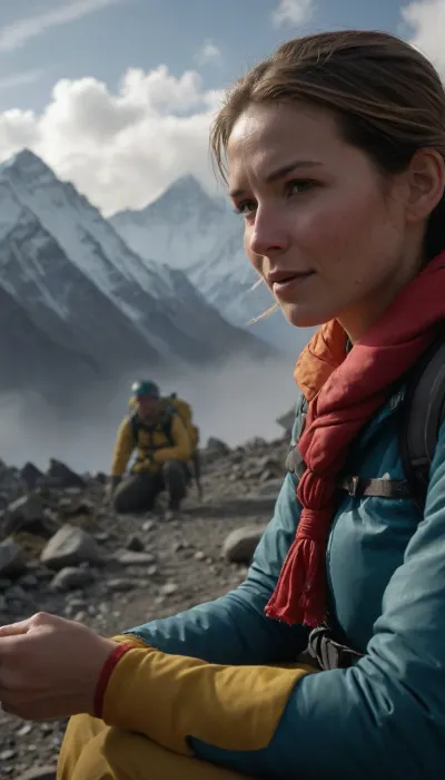 In foreground a woman in mountaineering outfit, she is sitting on a path in Everest, close-up on her face, She is exhausted but she is happy, A mountaineer extends his hand to help her up, there is a line of mountaineers in background, sunbeams breaking through the clouds, mist in the valley, light haze, dramatic atmosphere, picturesque realism