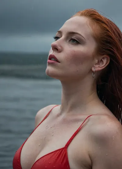 Cinematic medium shot, view from side of a heavy fat young woman with wet, slicked-back long red hair, wearing hoop earrings and an red swimsuit, submerged chest-deep in a dark, vast ocean during a heavy rainstorm. Raindrops are creating thousands of ripples on the water surface. The sky is ominous, overcast, and grey. The atmosphere is moody, solitary, and melancholic. Low contrast, desaturated cold tones, film grain texture., <lora:Chubby BBW - XL:1.9>