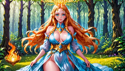 Epic fantasy illustration of a beautiful Viking priestess performing a mystical ritual in a forest. She is dressed in a sensual, revealing ceremonial gown made of flowing sheer fabrics and shimmering metallic accents, with intricate Norse patterns that highlight her graceful figure, big tits and a with a deep neckline, Her face is strikingly beautiful, with delicate features, radiant skin, piercing blue eyes, and long flowing hair framing her serene yet powerful expression. She stands before a glowing fire bowl, surrounded by carved runes and flickering shadows among the trees. The atmosphere is magical, cinematic lighting, highly detailed, ethereal mood, Beautiful detailed face, (perfect eyes:1.1), (perfect skin:1.1), (perfect body:1.1), (perfect hands:1.1), (perfect finger:1.1), (perfect fingernails:1.1), Modelshoot style, professional Photography, Photorealistic, RAW, analog, best quality, 8k, HD, DSLR, Fujifilm XT3, film grain, award winning