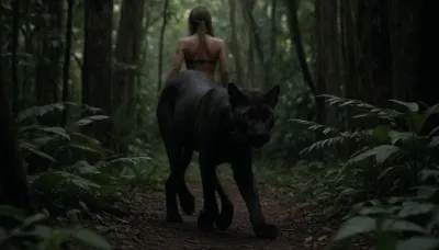 black puma walking in jungle, dense trees, girl half naked
