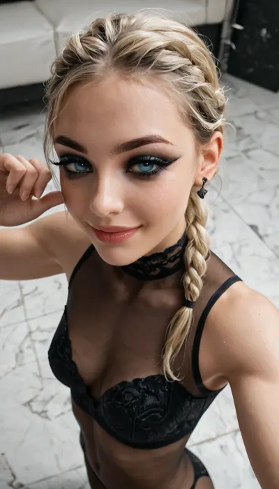 8k, (((top view))), 25 year old, 1woman, fake blonde, braided ponytail, skinny, perky breasts, (((dark eyeliner))), blue expressive eyes, toned body, innocent smile, black sheer bodystocking, (((perfect pose))), sexy body