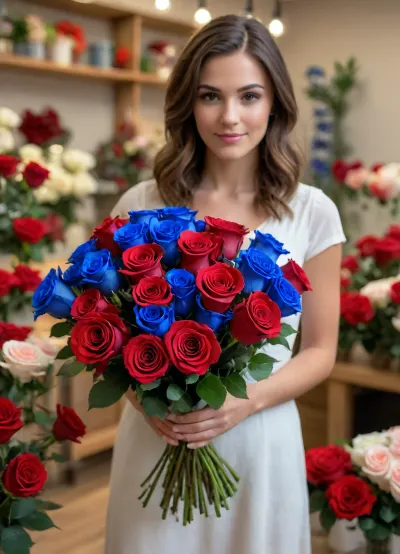 A florist arranged a bouquet for a celebration. She created a bouquet of intense blue and passionate red roses, with realistic petal details, sharp petal texture, and contrasting highlights. The texture of the roses is visible in the foreground, focusing on the bouquet and the florist, while the background, blurred, showcases her large, already arranged bouquet surrounded by other roses. In the background, colorful flowers and artificial white lights illuminate the flower shop. The focus is on the bouquet and the woman, capturing the details of the roses and then the woman herself. The cinematic photorealism features a blurred background with shallow depth of field, UHD resolution, an 8K color palette, and intricate details of color and texture. The roses are well-focused with sharp contours, high resolution, and natural contrast., close_up_detailed_shot_of1, <lora:close_up_detailed_shot_of1:.8>
