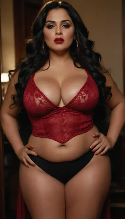 a beautiful 42-year-old Pakistani chubby voluptuous hourglass figure curvy woman, soft feminine curves, long dark black wavy hair with loose strands framing her face, deep expressive brown eyes, warm brown skin tone, in a slutty costume, slut makeup red lipstick