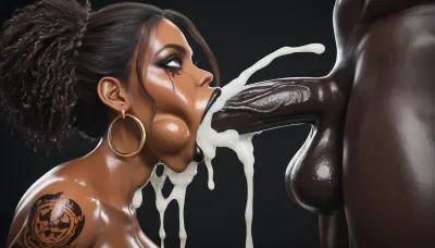 (((very dark African woman))), long permed brown hair, black lipstick, 44 inch black cock balls deep in throat, eyes are rolling to the back of her head, black makeup is running down her face, . naked massive bimbo breast, super deepthroat, woman has the darkest skin ever, every 44 inches of dick is deep down her throat. long permed brown hair, oiled skin, glowing skin, real skin, deepthroat, massive thick thighs, massive phat ass, massive round hips, perfect hair. Tattoos on both thighs, tattoo on both breast, tattoo on both legs, side view, extremely huge amounts of cum in mouth, juicy massive lips, lips, close up