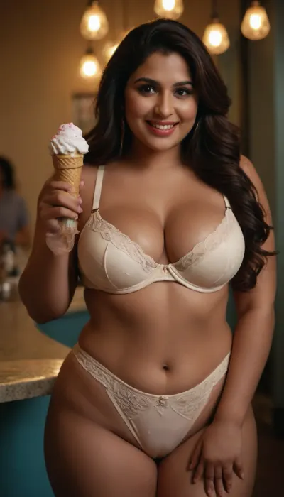 Beautiful pakistani curvy hourglass in bra figure voluptuous woman holding ice cream shaped of a penis with cream, smiling