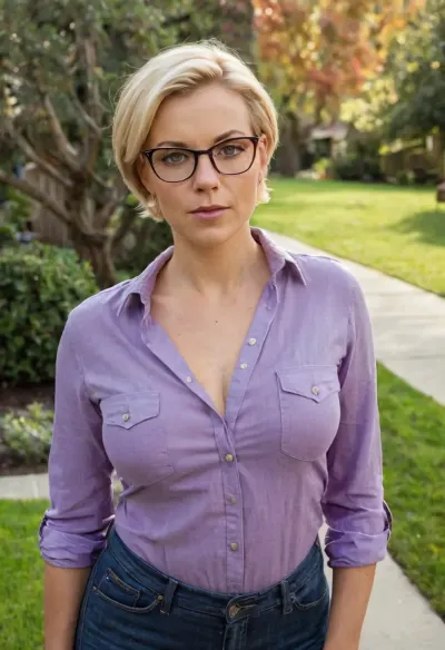 Full body shot, 35 year old woman, milf body, mom body, medium-sized sagging breasts, wide hips, high hips, curvy, thick, athletic, pretty face, big green eyes, eyeglasses, ((VERY short blonde hair)), button up purple blouse, no bra, high-waisted blue jeans, standing in a front yard