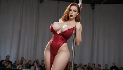 young beautiful girl Jessica Rabbit with big breasts areolas slightly exposed, pulled-up single slit red dress, red panties, show see through red panties, big fat butt with her legs spread slightly open, standing up leaning against a stripper pole, looking at the viewer, long red hair, excited, aroused, tack sharp, 4k, dslr, improve quality, look, at, my, prompts, <lora:SDXL_Sevenof9_7th_NSFW:.8>