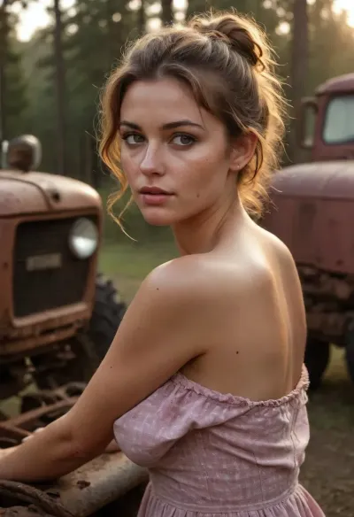 Curvy youthful sloppy woman, freckles, tan lines, high tan mark, sun kissed skin, shocked facial expression, leaning on a rusty old tractor, in a junk yard, dusty pink frayed gingham dress. all bathed in the warm golden hues of a breathtaking sunset, (perfect face:1.5), (perfect nose:1.5), clothed. Full body view, bare feet, hair pulled back into a short loose bun, slicked back hair. looks lovingly at the person behind the camera. Hair follicles, skin texture visible. hot and sweaty, her skin glistening in the warm light, sun is on her face, hot evening, one shoulder up and forwards, golden sunlight illuminate her hair and face, <lora:Midjourney Image Enhancer XL v1:2>, <lora:Midjourney Image Enhancer XL v1:.8>, she is laying on the hood of the tractor. Fully clothed, moody, forest, <lora:Moody_Forest_3:.8>, EdobHorrorLandscape, <lora:EdobHorrorLandscape_XL_v1.0:.8>, horror, scene, knife, dark, hospital, room, evil, mystic, gore, attractive, naked, female, undead, glowing, eyes, demon, abandoned, chiaroscuro, cinematic, lighting, ray, tracing, Ultra-Wide, Angle, UHD, masterpiece, textured, skin, super, detail, best, quality, highres, 4K, photorealism, open, legs, seductive, rooms, nun, in, corner, family, monster, outdoors, night, time, woods, witches, cauldren, girl, (ritualistic), gor, ritual, bedroom, (masterpiece, quality:1.2), kitchen, <lora:a7a8837021461f509f8f816395e5713e:.8>