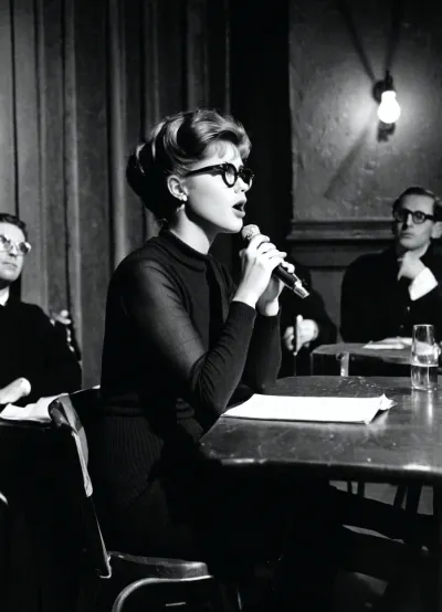 Cinematic, 35mm, wide angle, black and white, San Francisco, 1961, Night, dark beatnik club, smoky, small stage, young woman passionate recites poetry, expressive gestures, thick horn-rim glasses, tight-black knit clothes, black boots, angry. The small audience is out of focus, blurred silhouettes, sitting at small tables in twos and threes.
