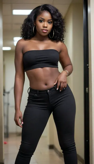 Tall 20 year old very thick chibby African woman with long legs, very plump wide hips and a plump wide fat ass, and average breasts wearing tight low rise black jeans, a black tube top with large hoop earrings and long straight black hair, very very dark skin, black skin, ebony skin, big plump lips and a wide nose