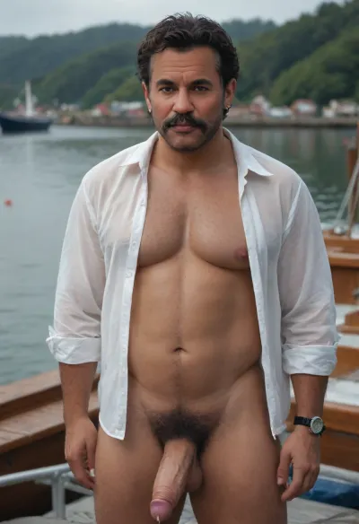 manly man, fat fat giant oldman, thick mousetache, dark tanned asian, stand at the side boat, watch left side, hard thick average size cock cum on belly, fuck on the boat, hairy