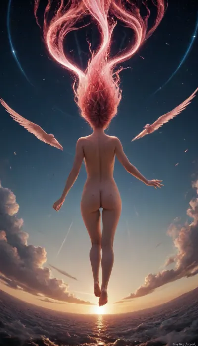 psychedelic drawing comic book art, in a parralel dimension, seen from behind, (flight, (horizontally)), (through a infiny spiral tunnel of, (fluo néon light)), a, (naked youngfull face girl), long, neon pink hair, fluttering in the wind, completely naked, flight, space, rocket, flying, bird, cyberpunk, josan, gonzalez, al3xxl, AtompunkSDXL, fire, that, looks, like..., <lora:CyberPunkAIp:2>, <lora:deathburgerxl:2>, <lora:al3xxl:.1>, <lora:Aether_Fire_v1_SDXL_LoRA:2>