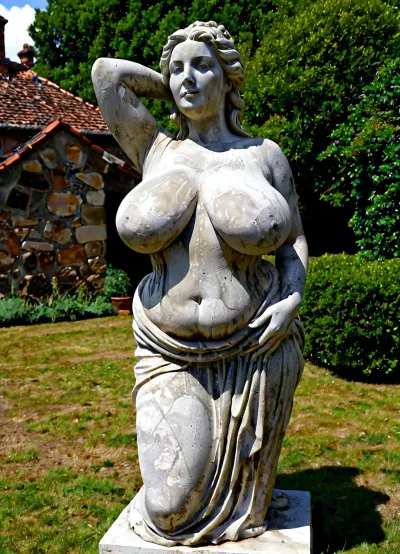 Busty old sculpture with oversized massive breast, historical, stone sculpture, goddess