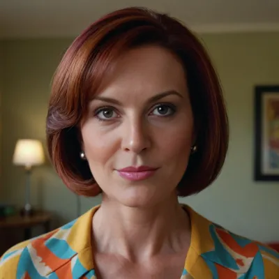 (Solo mature woman), bright prime colours 1960's USA suburban house wife, 50 year old soccer mom, geometric flicked bob hair style