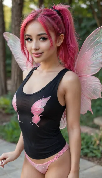 18 years old, ((fairy)), ponytail, false eyelashes, pink hair, red lipstick, makeup, tanned skin, (fully covered breasts), (lustful playful smiling face), ((medium breasts)), ((black tank top)), ((fairy wings)), ((Ultimate realistic photo details)), (((dynamic sexy pose))), FairyForm, <lora:SDXL_Fairy_Form_LoRA:2>, bmbplora, <lora:bimboxl_02:.8>, <lora:Colorful Hair Slider_alpha1.0_rank4_noxattn_last:.8>, mega, big, hair, <lora:xl_mega_ponytail-1.0:.8>, heart, hands, <lora:heart_hands_xl_v2:.8>