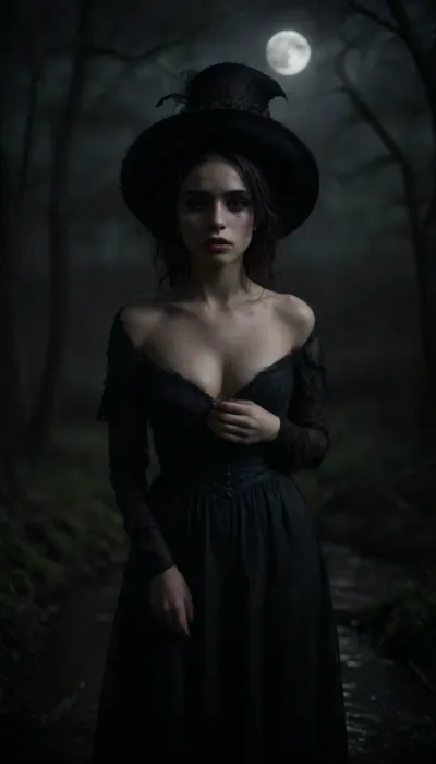 Ultra dark gothic horror scene, black-haired girl standing in a cursed swamp, deep clevagr, big clevagr, massive breast, big round hat, side view, pose, heels, shy pose, hands on chest, hands between breast, strong mascara, midnight, moon hidden behind thick storm clouds, almost complete darkness, (darkness), no moon, dark palette light barely revealing her face, blood-red eyes faintly glowing, wind violently tearing through her hair and dress, soaked black Victorian gothic gown, dead trees reaching like claws, thick black fog crawling over water, rotten swamp plants, abandoned ruined houses in distance, faint silhouettes in mist, oppressive atmosphere, cinematic horror lighting, deep shadows, high contrast, painterly dark fantasy style, grotesque beauty, nightmare mood, eldritch undertones, hyper-detailed, 4k, horror concept art, dark illustration, digital painting, thick fog, glowing moonlight, dark blue color palette, dramatic clouds, moody lighting, surreal environment, dark fairytale mood, brushstroke texture, fantasy oil painting style, perfect eyes, green, eyes, blue, brown, perfecteyes, Detailed, natural, skin, and, blemishes, without-makeup, acne, dark, chiaroscuro, low-key, <lora:PerfectEyesXL:.8>, <lora:skin_4-000015:.8>, <lora:zavy-cntrst-sdxl:1.6>, <lora:dark:1.6>