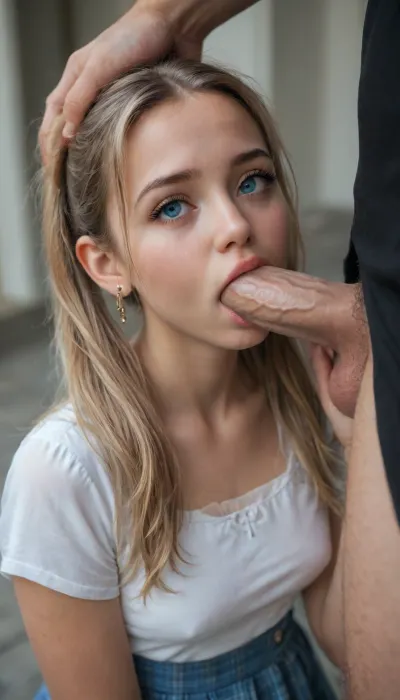 (shot of a legal 18 years old cute virgin), open skirt, blonde hair, pigtails, blue eyes, black mascara, mouth fucked hard, big dick