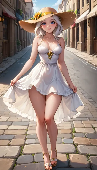Early morning in the port of Antibes. A young woman in a white embroidered sundress and low-heeled summer sandals, completely open, walks slowly toward the camera, her dress fluttering in the breeze. She's wearing nothing underneath, no underwear. A straw boater hat is perched coquettishly on her head. The woman is smiling, happy, excited, eager for sex, her gaze inviting, her lips enticing, her hand touching her bare breast. The camera follows her approach, then gradually zooms in, capturing a soft close-up as she gazes dreamily past the lens. Light shimmers on the cobblestone street. A picturesque, nostalgic mood. 35mm format, cinematic golden tones, the charm of the Riviera., Detailed, hand, Hand, Perfect, <lora:Hand v2:.8>, perfection, style, <lora:perfection style v2d:.8>