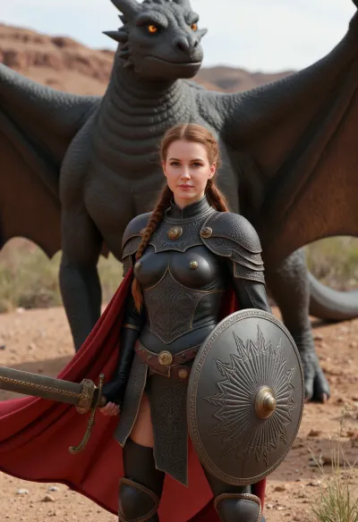 (masterpiece, best quality, hyperrealistic:1.2), photorealistic, detailed, intricate, (portrait of a fierce female warrior, red ponytail braid:1.1), (intricate ornate dark knight armor, gold embellishments:1.3), holding a large sword, shield, red cape, (majestic black dragon in background, glowing yellow eyes:1.2), standing on rocky ground, dusty canyons, dramatic lighting, volumetric lighting, epic scene, fantasy art, cinematic, depth of field