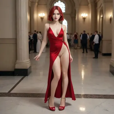 30 years old woman, red hair, (purple lips), green eyes, (red dress), high-heeled shoes, no panties, no bra, erect nipples