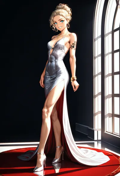 score_9, score_8_up, score_7_up, Highly detailed anime style, 25 year old athlete, standing on red carpet, at awards show, wearing floor length gown, gown has open stomach design, elegant gown, classy gown, open stomach gown, swimmer's physique, gymnast physique, aqua eyes, elegant hairstyle, dirty blonde hair, hair tied up, caucasian, lots of gold bangle jewelry, thin gold necklace, gold hoop earrings, gold nose stud, no weird colors, abs flexed, great stomach tone, amazing abs, great obliques, perfect definition, ribs visible, eyes looking at lens, facial expression of seduction, solo female, beautiful, perfect body, gorgeous, highly detailed body, HD, seductive, slim frame, small breasts, tiny breasts, colorful tattoo on arm, tan body, realistic, defined arms, muscular arms, thin arms, strong but slim, very fit, faint tan lines, detailed shadows, dynamic lighting, big grin, lots of flash photographs, center of attention, stunning dress, sleeveless dress