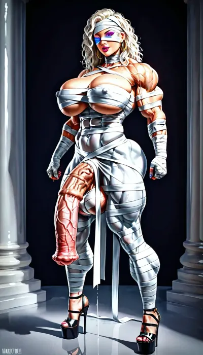 Mummy reimagined as a hyper-curvy muscular futanari bombshell with a huge veiny muscular Horse dick, stiletto platform heels