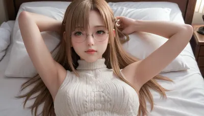 The image is an illustration of a woman, 1Girl, age 25 year old, 4k epic detail, beautiful_eyes, long_hair, uncensored, blush, collarbone, large_breasts, big_breast, look_at_viewer, Yuuki Asuna, 1girl, solo, armpits, glasses, looking_at_viewer, breasts, sleeveless, lying, arms_up, sweater, closed_mouth, on_back, turtleneck, pillow, upper_body, bangs, round_eyewear, arms_behind_head, white_sweater, sleeveless_turtleneck, grey_eyes, sweat, on_bed, bra_visible_through_clothes, black_eyes, sleeveless_sweater, sideboob