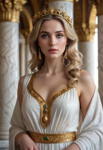realistic photograph of the goddess Aphrodite, perfect gorgeous face, the exudes love and sex and beauty, she is standing in a ornate marble temple, she is wearing beautiful Greek robes